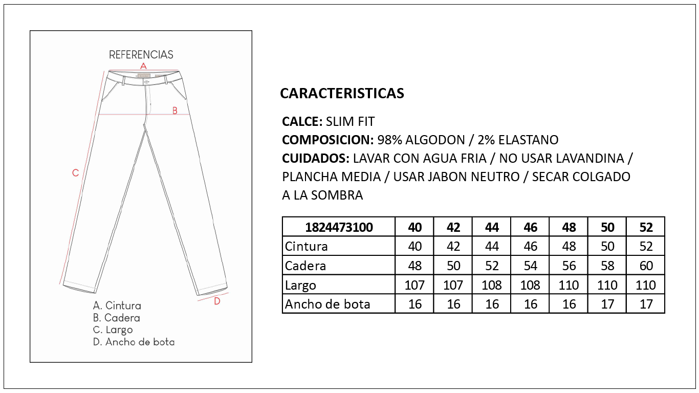 Tabla de Talles Pantal&oacute;n Chino Slim Hombre Britches